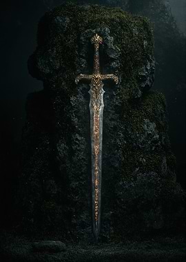 Ornate Fantasy Sword on Mossy Rock