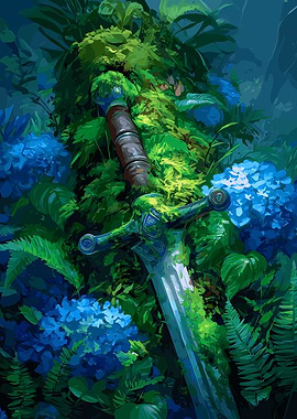 Moss-Covered Sword in Blue Hydrangeas