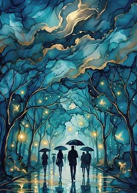 Enchanted Forest Path with Umbrellas