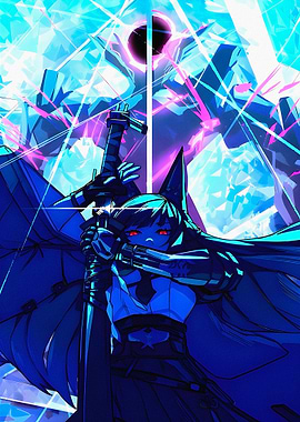 Anime Girl with Sword and Cosmic Background