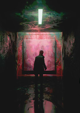 Person in a dark hallway with abstract art