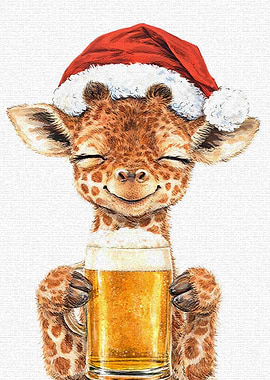 Cute Giraffe in Santa Hat with Beer