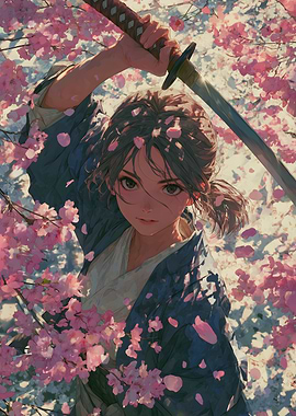 Samurai Girl Among Cherry Blossoms