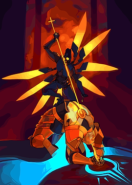 Robotic figures in dramatic confrontation