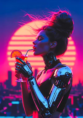 Neon Serenity – Cyberpunk Cyborg Woman at Sunset with Cocktail