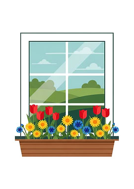 Window with Flower Box and Landscape