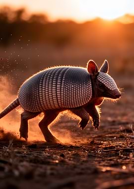 Armadillo running at sunset