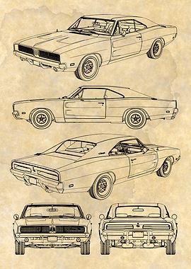 Dodge Charger RT 1969 Blueprint Art