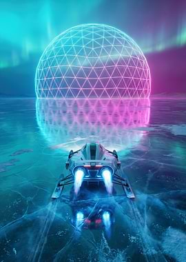 Sci-fi vehicle on ice under aurora