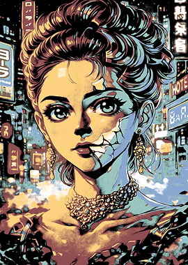 Cracked Woman in Neon City