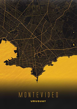 Montevideo, Uruguay - Golden Coastal City Map Metal Wall Art