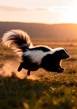 Skunk running at sunset