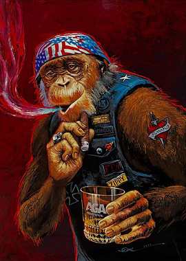 Chimpanzee biker smoking a cigar