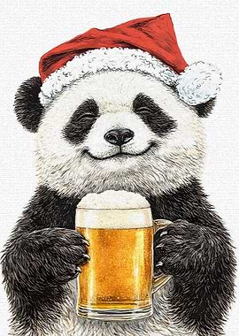 Panda in Santa Hat with Beer
