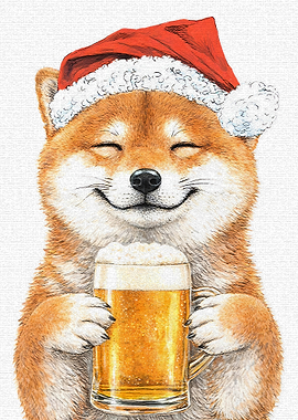 Shiba Inu in Santa Hat with Beer