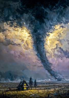 Dramatic Tornado Cabin Landscape Painting