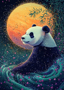 Panda in a mystical water garden