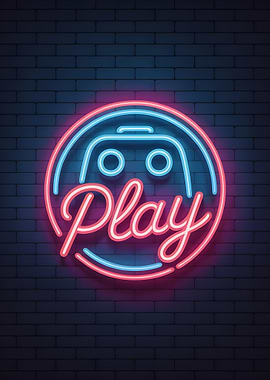 Neon Play Button with Game Controller