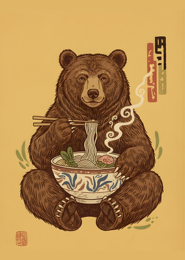 Grizzly Bear Ramen - Vintage Japanese Woodblock