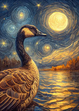 Goose under starry night sky