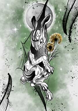 Mystical Lunar Rabbit with Dandelions and Moon