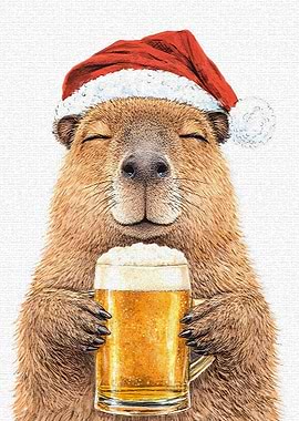Capybara in Santa Hat with Beer