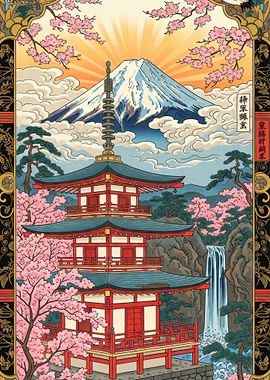 Mount Fuji Pagoda and Cherry Blossoms