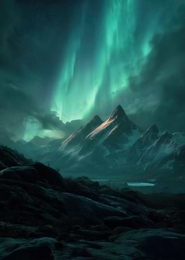 Aurora Borealis Over Snowy Mountains