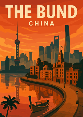 Vintage Travel The Bund China Cityscape