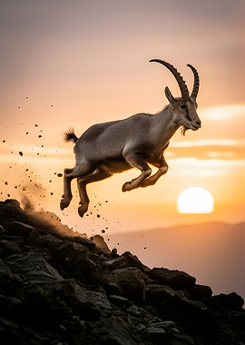 Ibex leaping at sunset