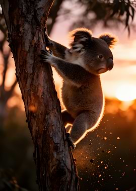 Koala climbing a tree at sunset
