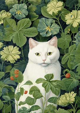 White Cat Among Greenery