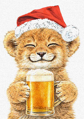 Lion Cub in Santa Hat with Beer