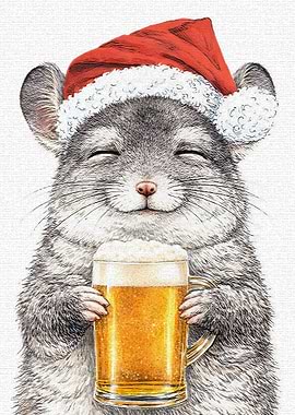 Chinchilla in Santa Hat with Beer