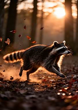 Raccoon running through autumn leaves