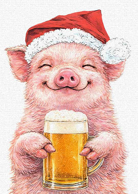 Pig in Santa Hat with Beer