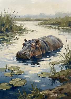 Hippopotamus in a Lily Pond