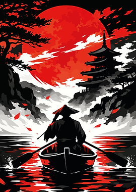 Samurai rowing boat under red moon