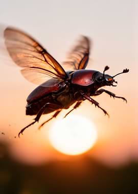 Beetle in flight at sunset