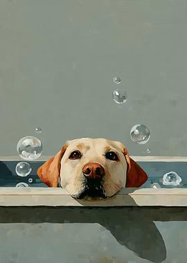 Labrador Dog in Bathtub with Bubbles