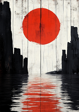 Red Sun Over Water and Cliffs