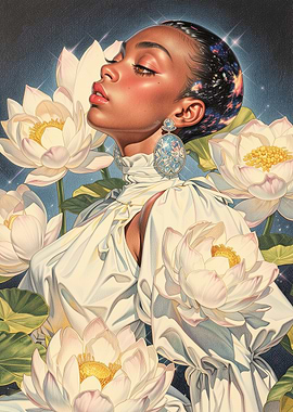 Woman with Galaxy Hair and Lotuses