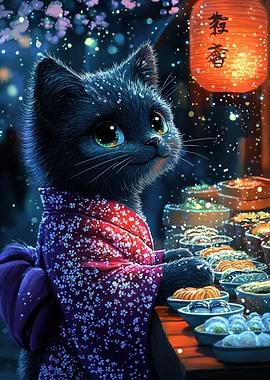 Black Cat in Kimono at Night Market