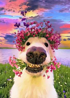 Dog with Flower Crown and Bouquet