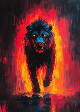 Black Lion Emerging from Fire