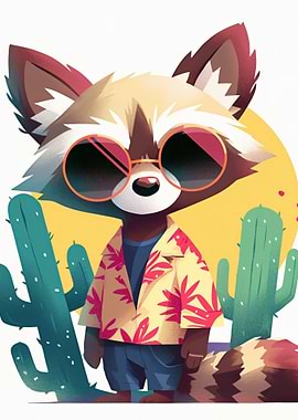 Cool Raccoon in Hawaiian Shirt and Sunglasses