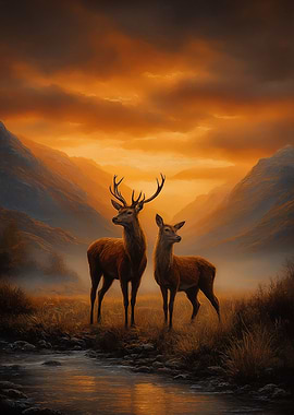 Deer in a Mountain Sunset