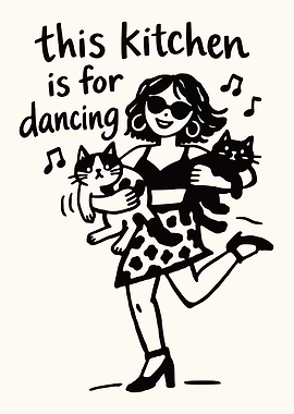 Woman dancing with cats in kitchen