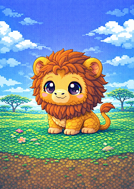 Cute Cartoon Lion in Safari