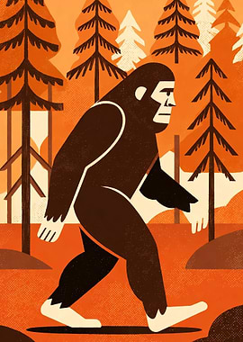 Bigfoot walking in a forest